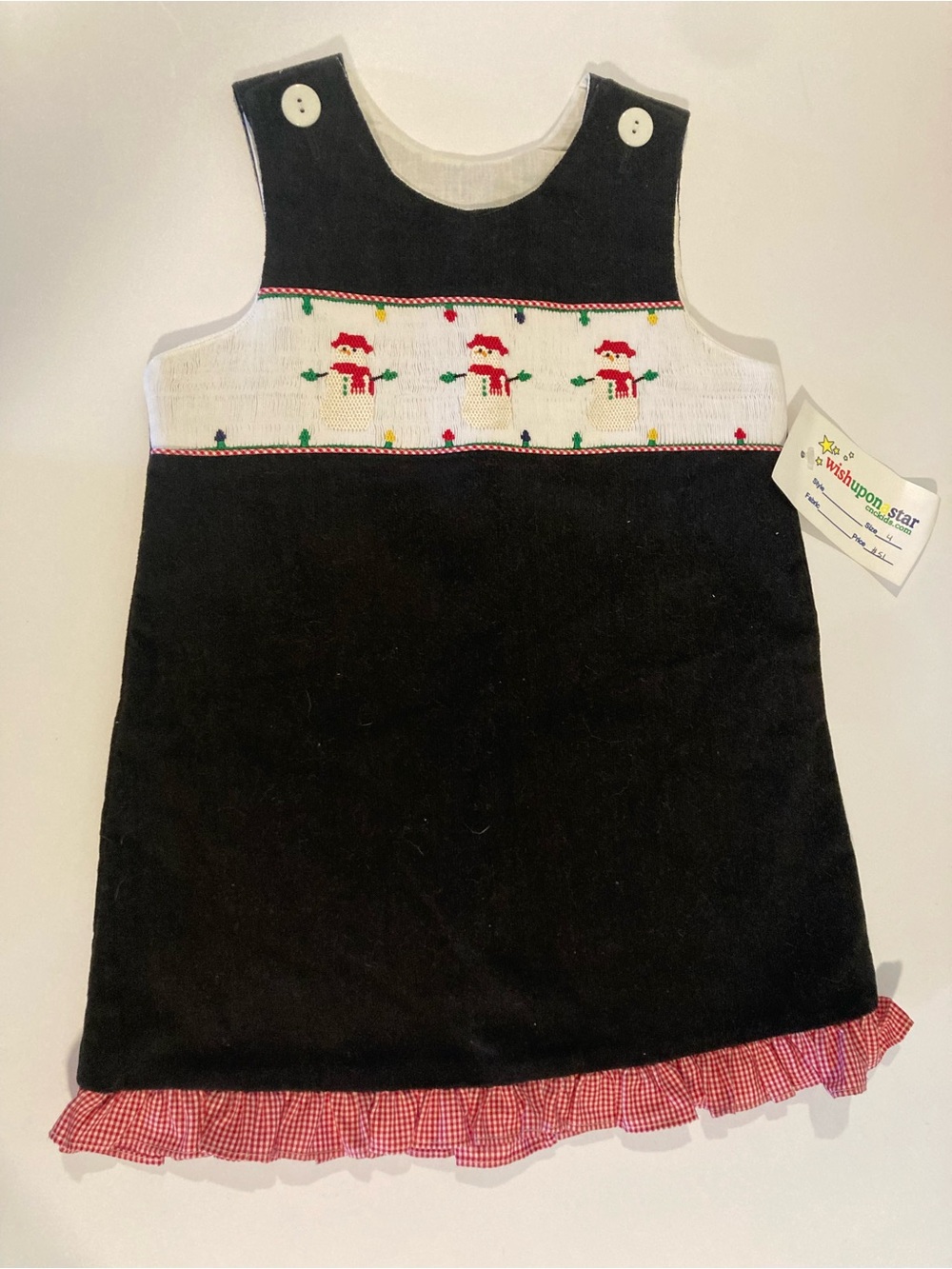 NEW - Wish Upon A Star - Smocked Snowman Dress with Red Gingham Accents - Size 4